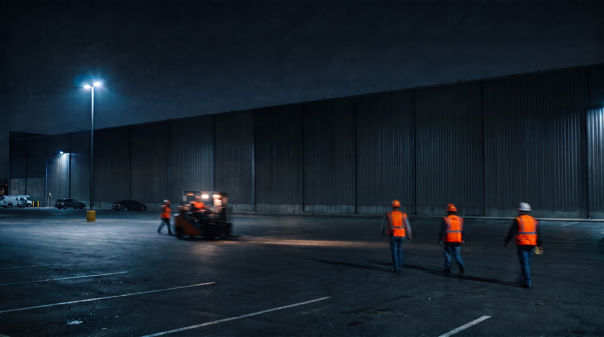 Warehouse parking lot at night with workers in motion