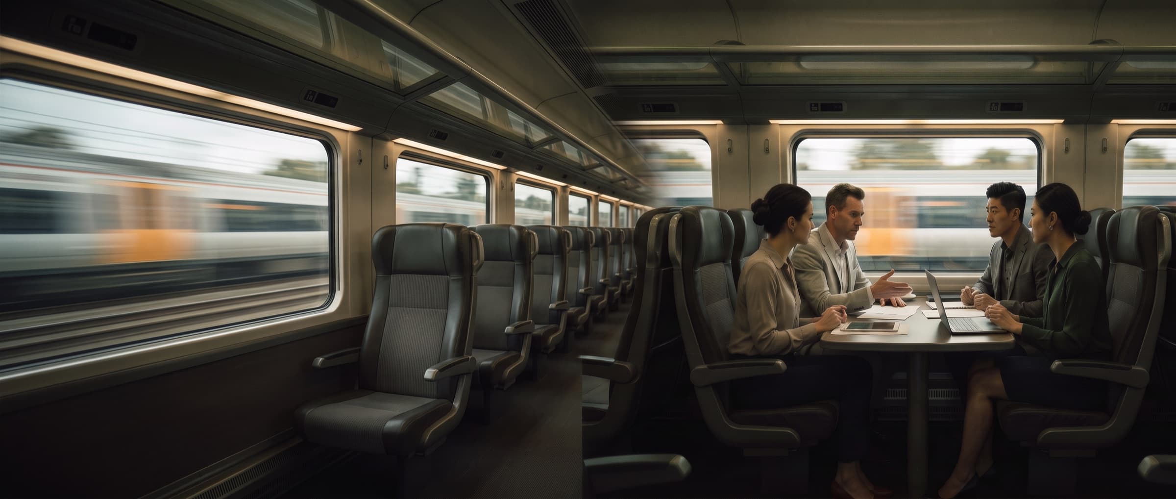 Colleagues talking around a train table, landscape blurring past the windows
