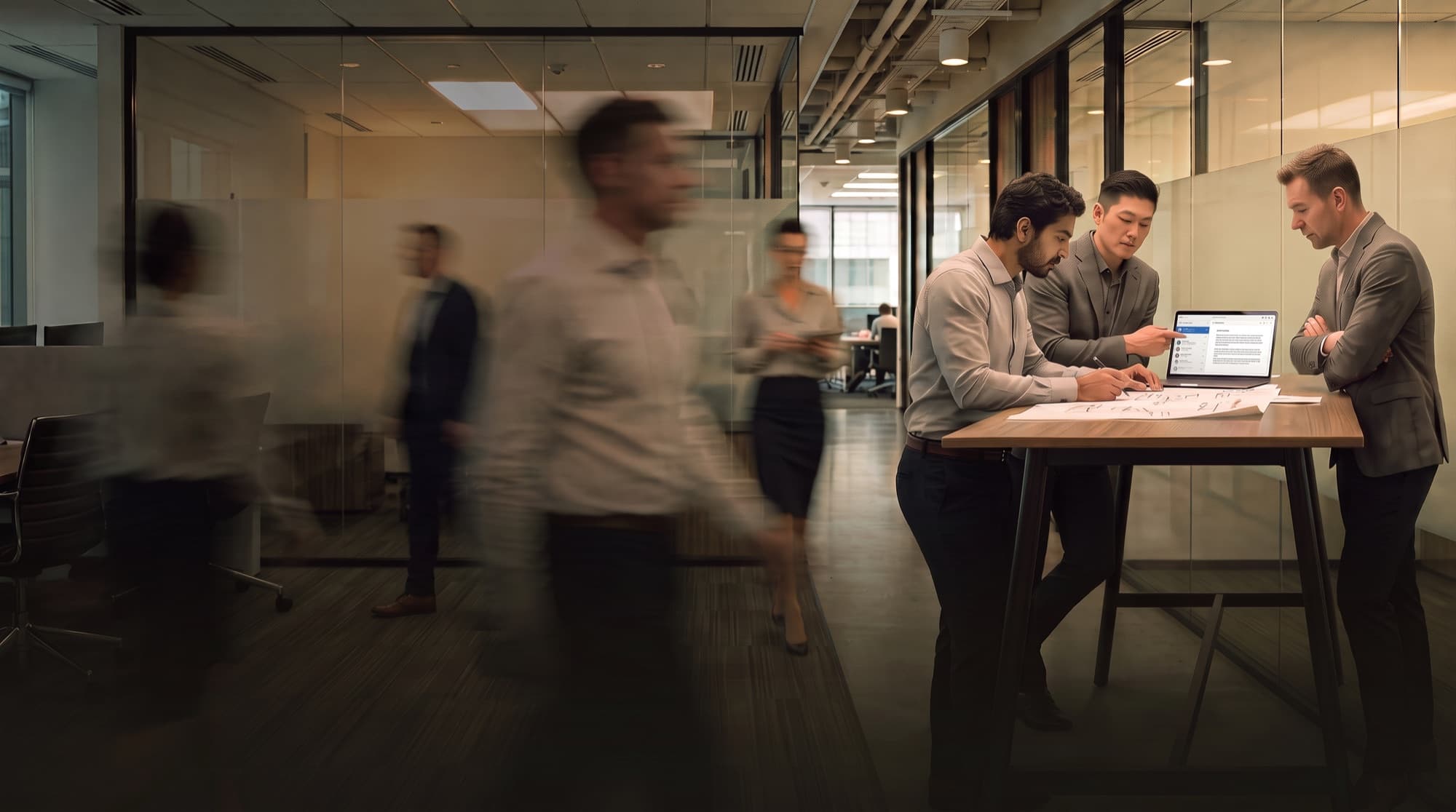 Team huddled around a standing table while colleagues pass in motion blur
