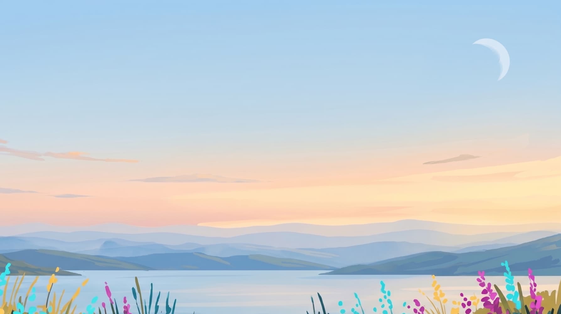 Sunset landscape with flowers